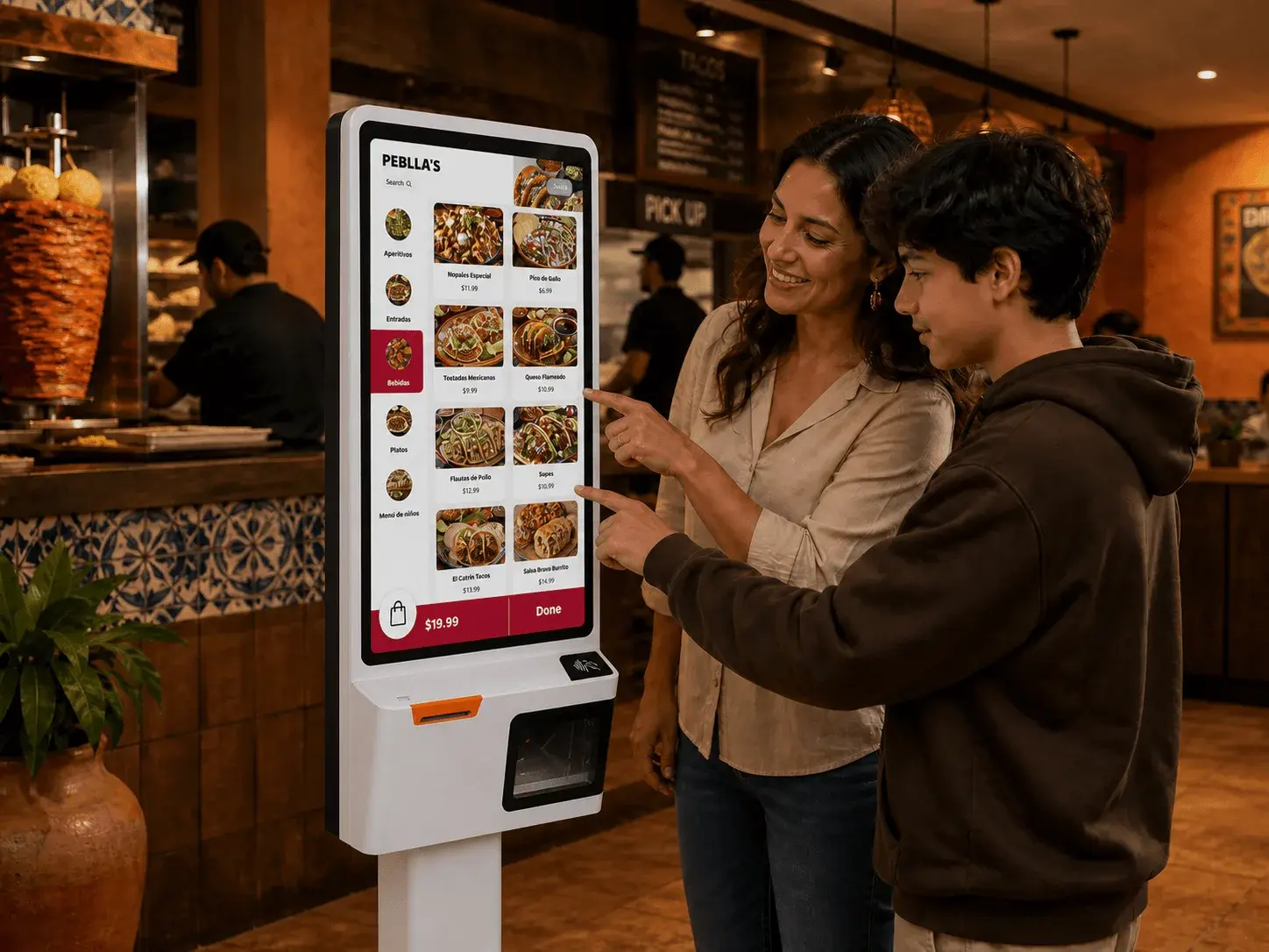 Familia usando el menú bilingüe de un kiosco Peblla en una taquería