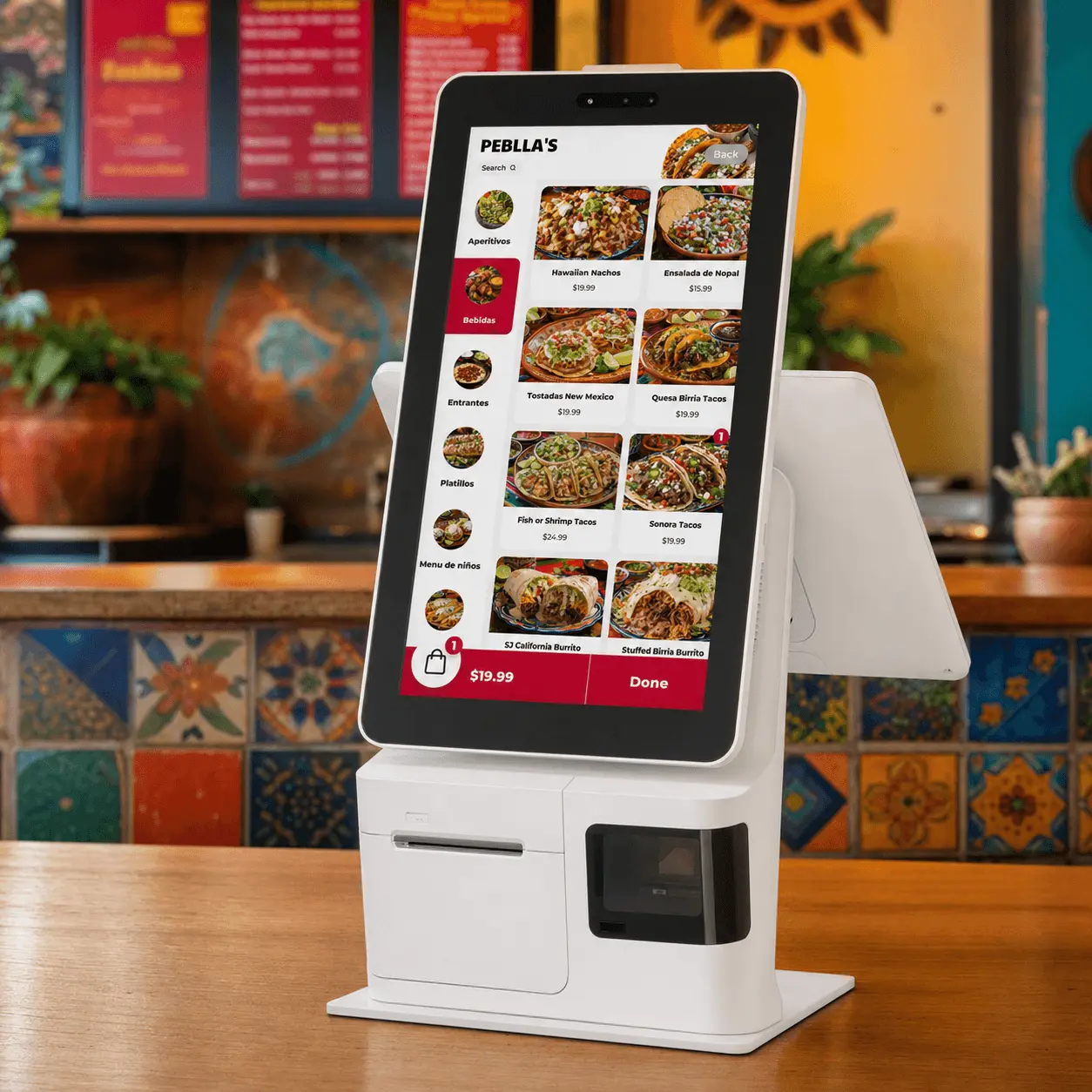 Kiosco compacto Peblla K2 Mini sobre el mostrador de una taquería
