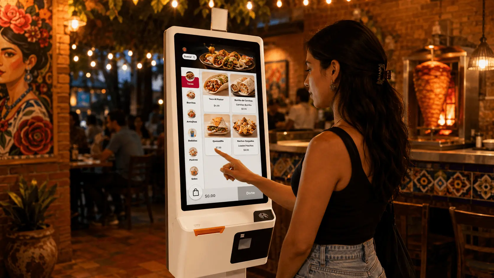Kiosco Peblla en un restaurante latino mostrando el menú en pantalla