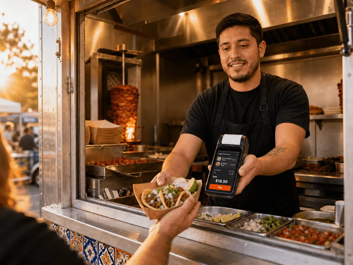 Dueño de food truck atendiendo desde la ventana con un POS portátil